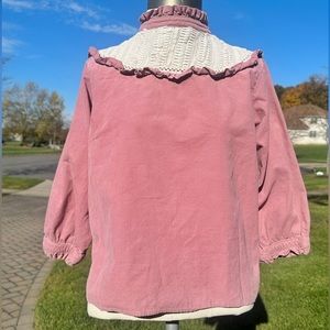 ZARA PEASANT STYLE PINK CORDUROY 3/4 SLEEVE TOP KNIT DETAIL BLOUSE MEDIUM